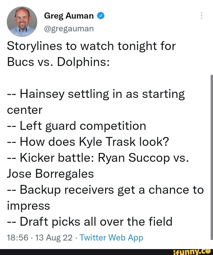 Greg Auman @ @gregauman Storylines to watch tonight for Bucs vs