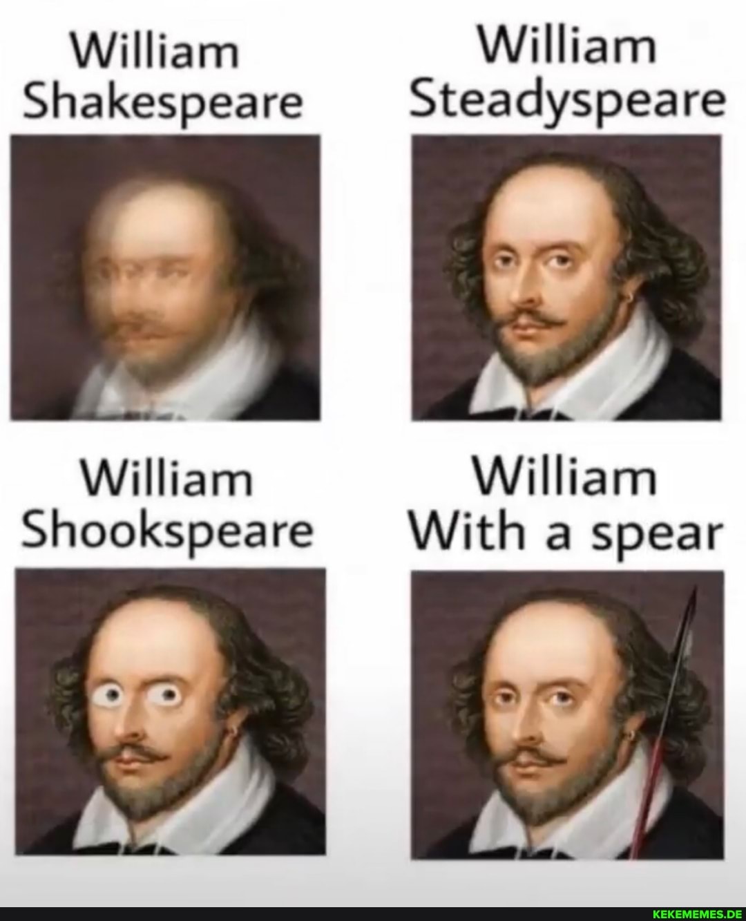 William William
Shakespeare Steadyspeare
William William
Shookspeare With a spear