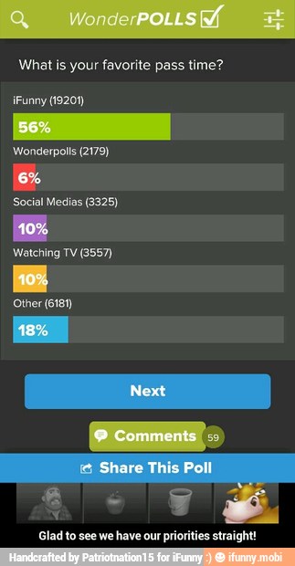 What is your favorite pass time?
Watching TV (3557) - Glad to see we have our priorities straight!
