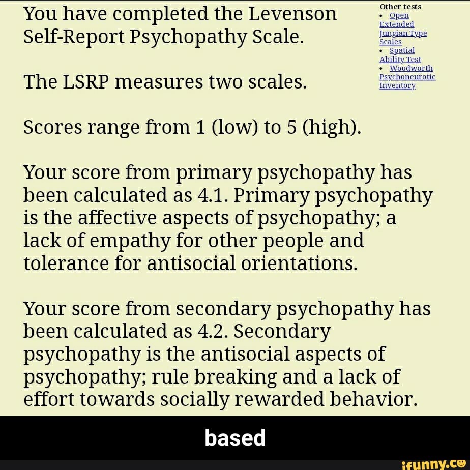 You have completed the Levenson Self-Report Psychopathy Scale. The LSRP ...