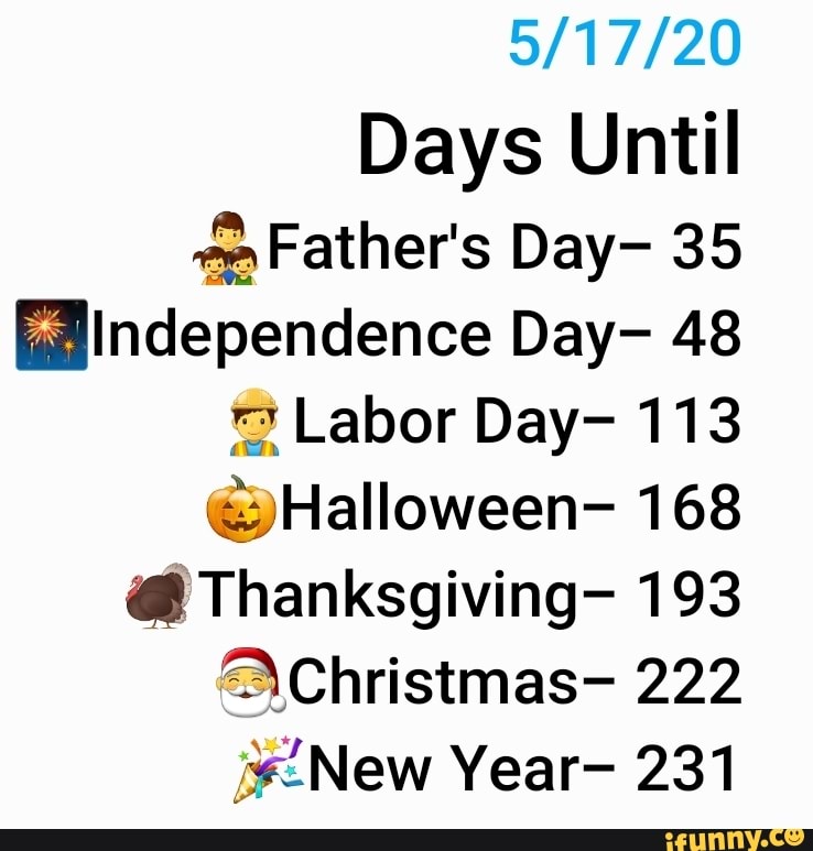5/17/20
Days Until
"m Father's Day- 35
Independence Day- 48
"3 Labor Day- 113
@Halloween- 168 Thanksgiving- 193
AChristmas- 222
New Year- 231