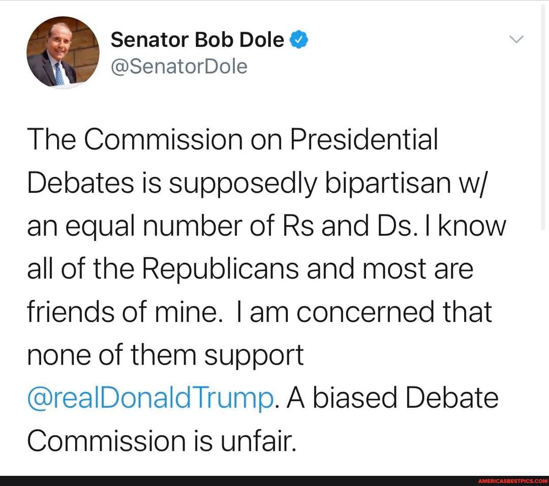 The Commission on Presidential
Debates is supposedly bipartisan w/ an equal number of Rs and Ds. I know all of the Republicans and most are friends of mine. I am concerned that none of them support
Trump. @realDonald A biased Debate
Commission is unfair.
