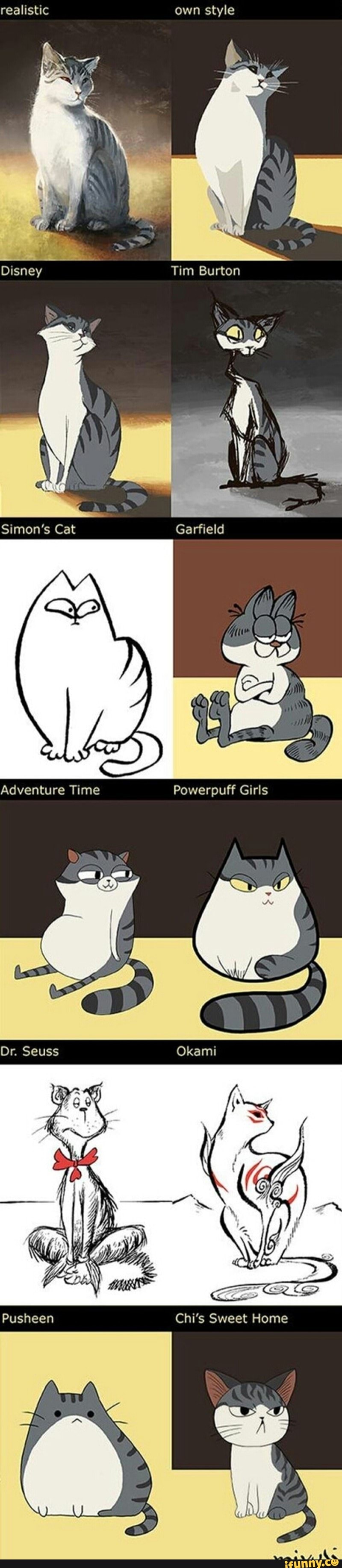 realistic own style
Disney Tim Burton
Simon's Cat Garfield
Adventure Time Powerpuff Girls
Dr. Seuss Okami
Pusheen Chi's Sweet Home
