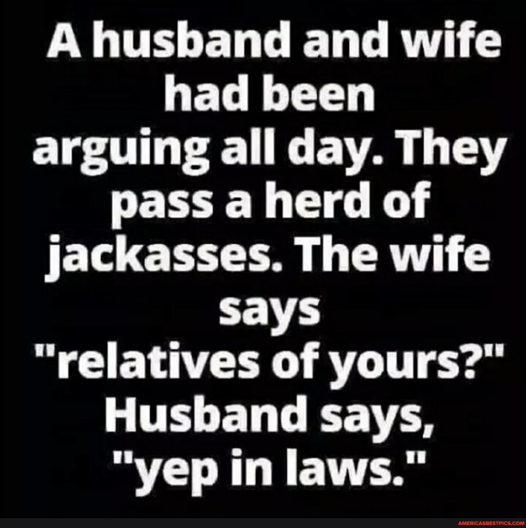 A husband and wife had been arguing all day. They pass a herd of jackasses. The wife says
"relatives of yours?"
Husband says,
"yep in laws."