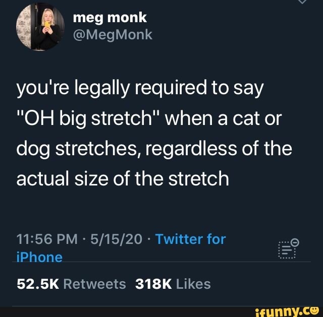 you're legally required to say
"OH big stretch" when a cat or
dog stretches, regardless of the
actual size of the stretch
11:56 PM 5/15/20 Twitter for 0
52.5K Retweets 318K Likes