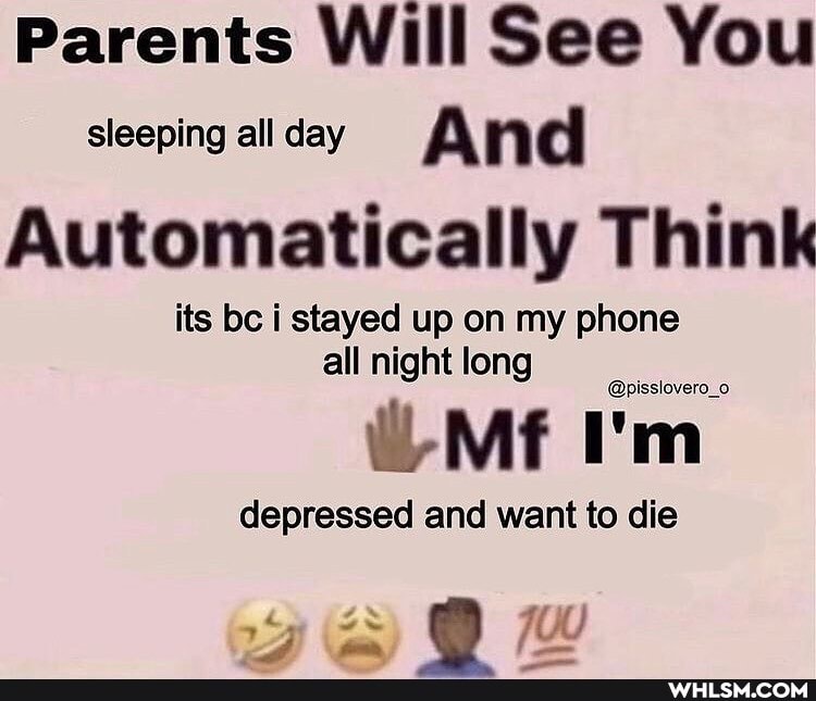 Parents Will See You sleeping all day And
Automatically Think
its bc i stayed up on my phone all night long
depressed and want to die