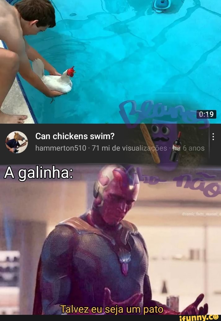 Can chickens swim? hammerton510 77 mi de visua am
galinha:
Talvez eu seja um pato. -