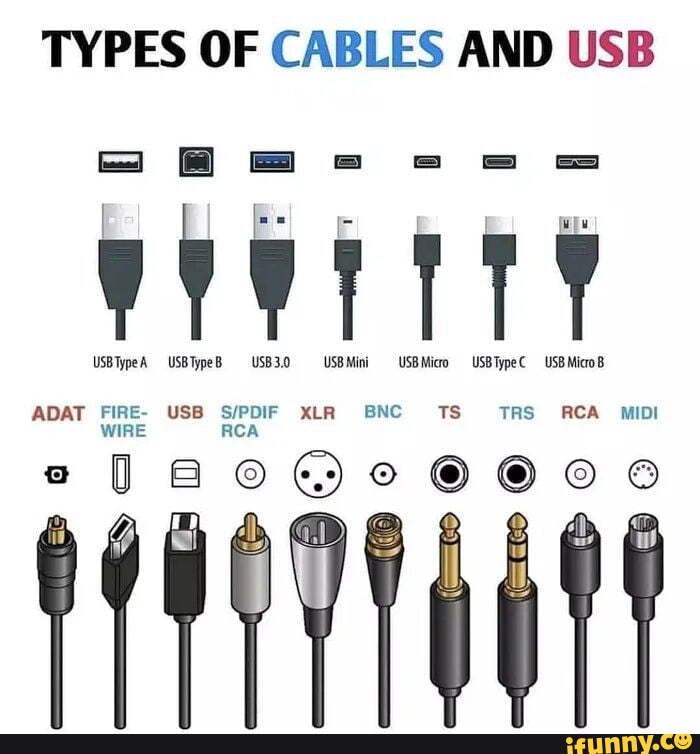 TYPES OF CABLES AND USB SS Bas ss SS = I Blr Bb mp ADAT FIRE USB XLR BNC TS TRS RCA MIDI WIRE