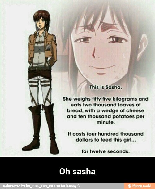 This is Sasha.
She weighs fifty five kilograms and
eats two thousand loaves of
bread, with a wedge of cheese
and ten thousand potatoes per
minute.
H costs four hundred thousand
dollars to feed this girl...
for twelve seconds.
