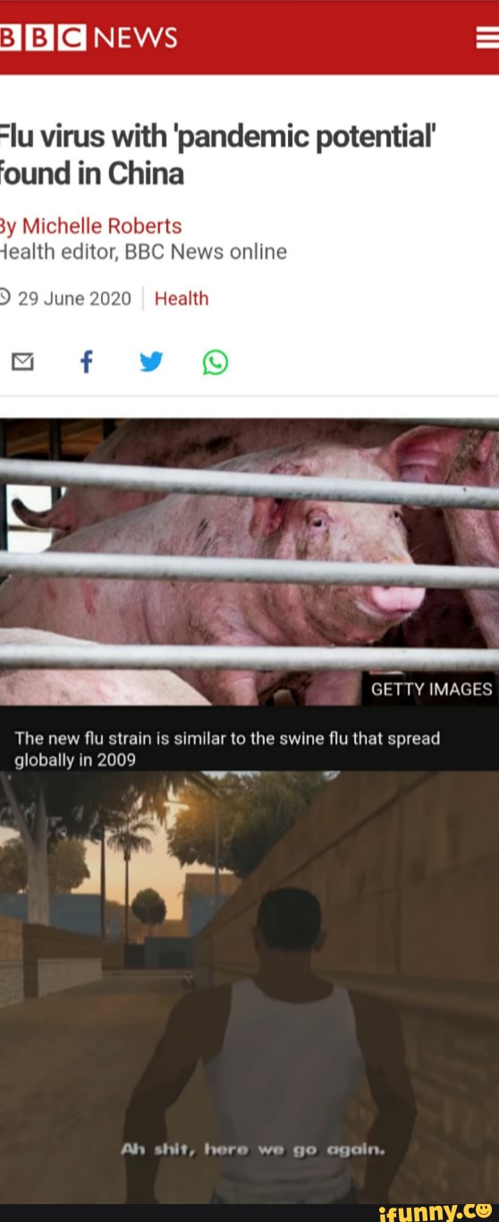 EWS NEws
lu virus with 'pandemic potential'
Michelle Roberts ealth editor, BBC News online
The new flu strain is similar to the swine flu that spread globally in 2009
Ah shit, here we go again.