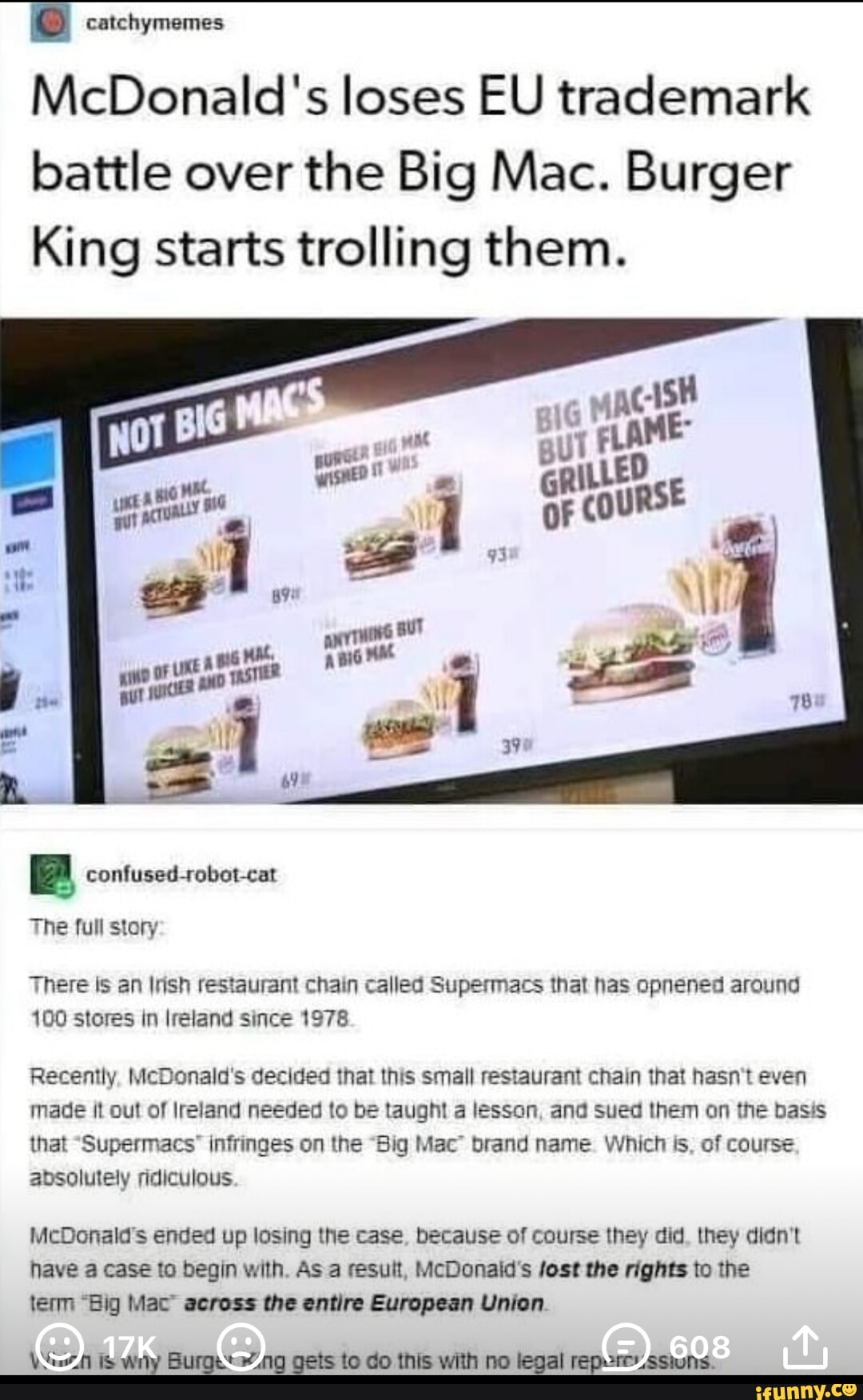 Burger King trolls McDonalds after they lost EU trademark over the Big Mac  - Meme by Splinter99 :) Memedroid