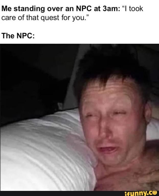 Me standing over an NPC at "I took care of that quest for you."
The NPC: