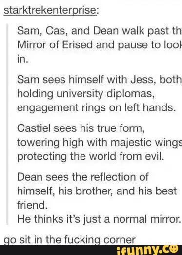 starktrekentergrise:
Sam. Cas, and Dean walk past th
Mirror of Erised and pause to lool
in.
Sam sees himself with Jess, both
holding university diplomas,
engagement rings on left hands,
Castiel sees his true form,
towering high with majestic wings
protecting the world from evil.
Dean sees the reflection of
himself, his brother, and his best
friend.
He thinks it‘s just a normal mirror.
go sit in the fucking comer