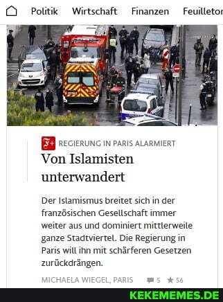 DD Politik Wirtschaft Finanzen Feuilleton
RECIERUNG IN PARIS ALARMIERT Von Islamisten unterwandert
Der Islamismus breitet sich in der französischen Gesellschaft immer weiter aus und dominiert mittlerweile ganze Stadtviertel. Die Regierung in
Paris will ihn mit schärferen Gesetzen
Zurückdrängen.