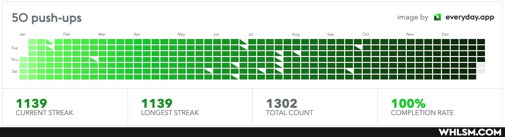 image by everyday.app
SO push-ups
1139 CURRENT STREAK 1139 LONGEST STREAK TOTAL COUNT 1302 100% COMPLETION RATE
CURRENT STREAK LONGEST STREAK TOTAL COUNT COMPLETION RATE