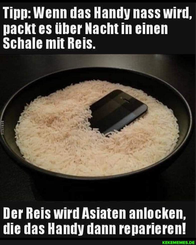 Tipp: Wenn das Handy nass wird, packt es über Nacht in einen Schale mit Reis. D