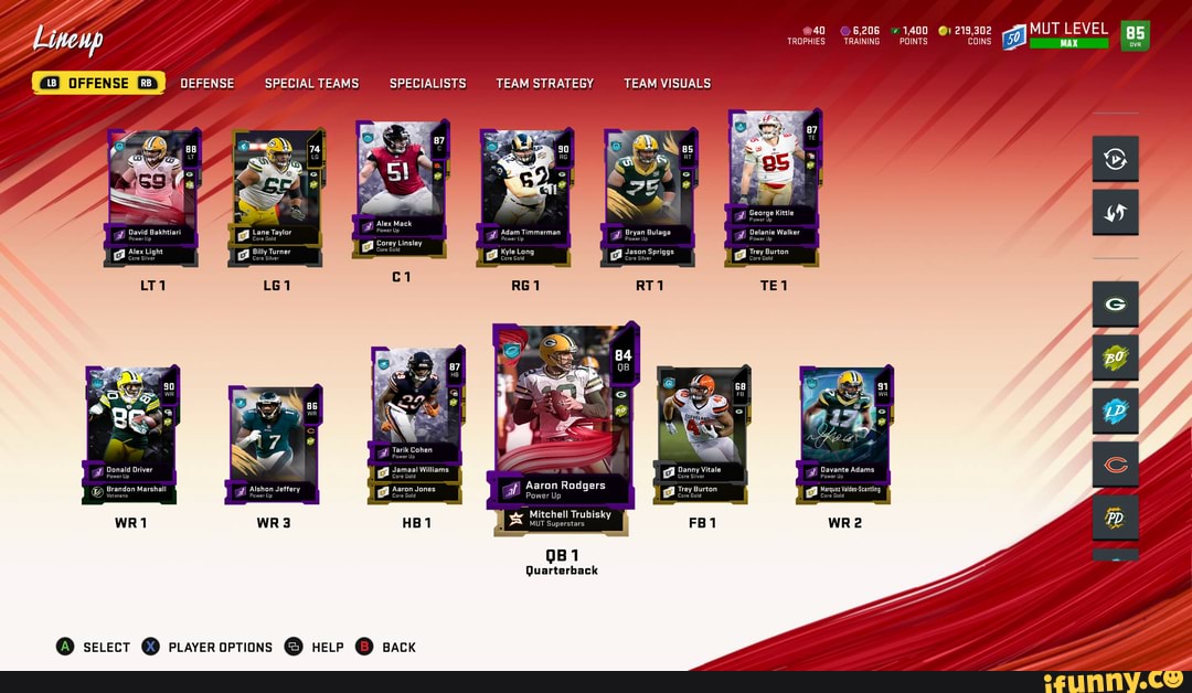 @40 6,206 1,400 @7 219,302 MUT LEVEL TROPHIES TRAINING POINTS cans [50. MAX
OFFENSE SPECIAL TEAMS SPECIALISTS TEAM STRATEGY TEAM VISUALS
85
WSs Seorge Kittle
fi lex Mack
David Bakhtiari Lane Taylor
iex uiahe BilyTurmer
Bam Timmerman Bryan Bulage elanie Walker
MiieLong s2s0n Seriggs TeyBurton
Tarlk Cohen
fi Donald Driver Witiams
Banny vitate
Aaron Rodgers
Brandon Marshall Alshan Jettery 'Aaron Jones
Mitchell Trubisky
MUT Superstars
@ sevect @ paveroptions @ Back