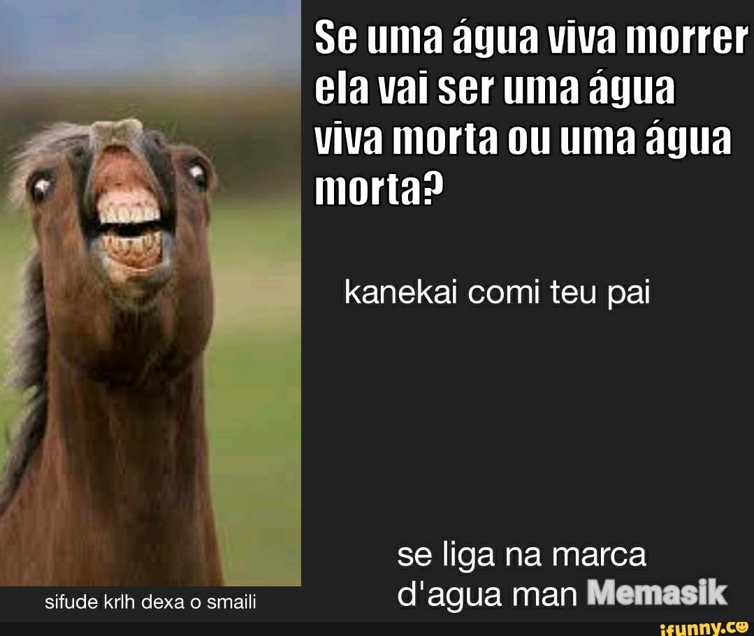 Se uma água viva morrer ela vai ser uma água viva morta ou uma água morta?
kanekai comi teu pai
se liga na marca sifude krlh dexa o smaili d'agua man Memasik