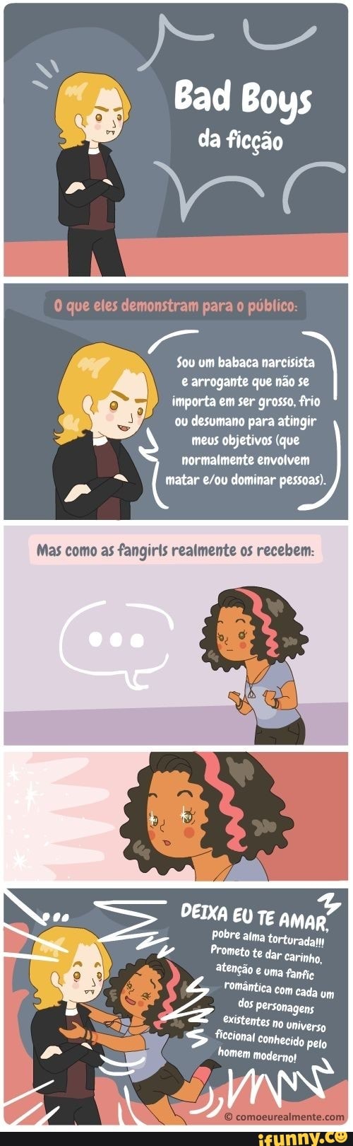 O que eles demonstram para o público:
Sou um babaca narcisista
e arrogante que não se
importa em ser grosso, frio
ou desumano para atingir
meus objetivos (que
normalmente envolvem
matar e/ou dominar pessoas).
Mas como as fangiris realmente os recebem: