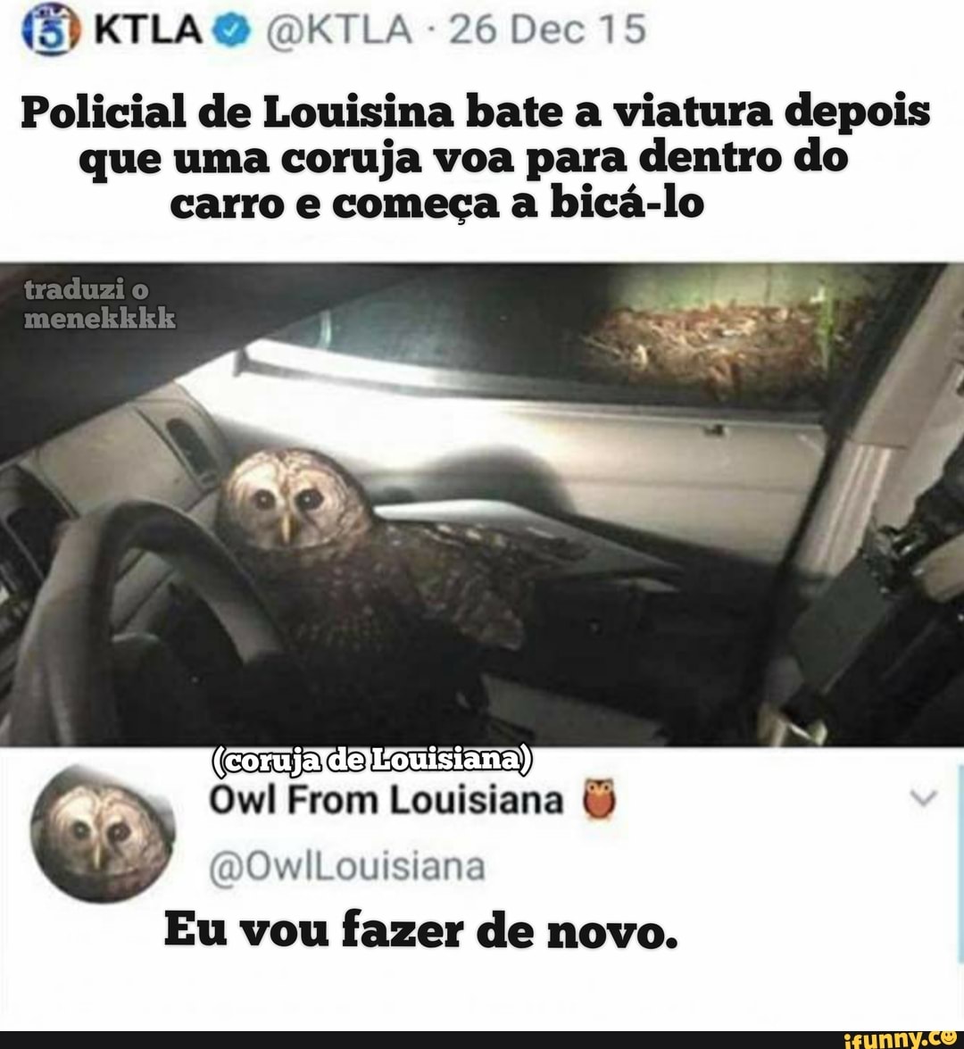 "KTLA 26 Dec 15
Policial de Louisina bate a viatura depois que uma coruja voa para dentro do carro e começa a bicá-lo
traduzi
Owl From Louisiana
" OvrdlLouIstiana
Eu vou fazer de novo.