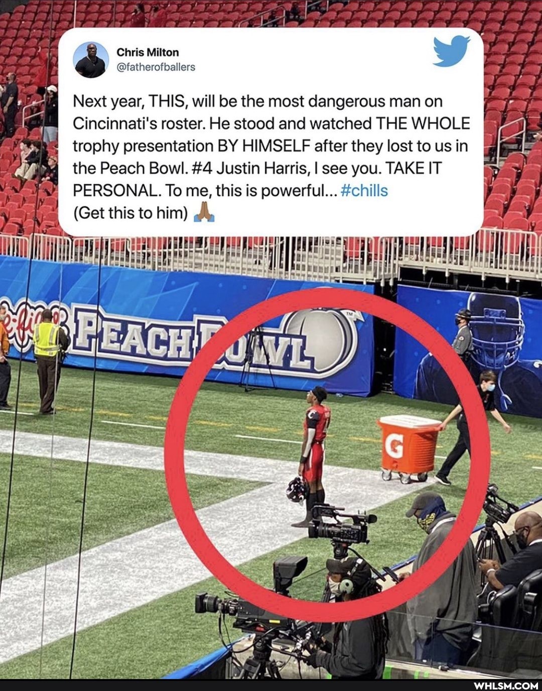 Chris Milton
@fatherofballers
Next year, THIS, will be the most dangerous man on
Cincinnati's roster. He stood and watched THE WHOLE trophy presentation BY HIMSELF after they lost to us in the Peach Bowl. #4 Justin Harris, I see you. TAKE IT PERSONAL. To me, this is powerful... #chills
(Get this to him)