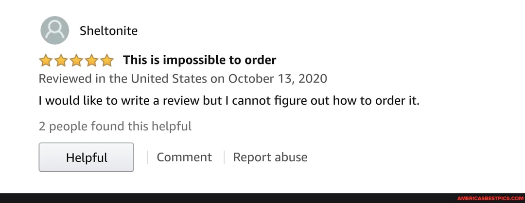 wk This is impossible to order
Reviewed in the United States on October 13, 2020
I would like to write a review but I cannot figure out how to order it.
2 people found this helpful
Helpful I Comment I Report abuse