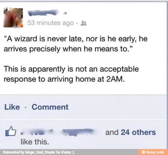"A wizard is never late, nor is he early, he
arrives precisely when he means to."
This is apparently is not an acceptable
response to arriving home at 2AM.
Like
Comment