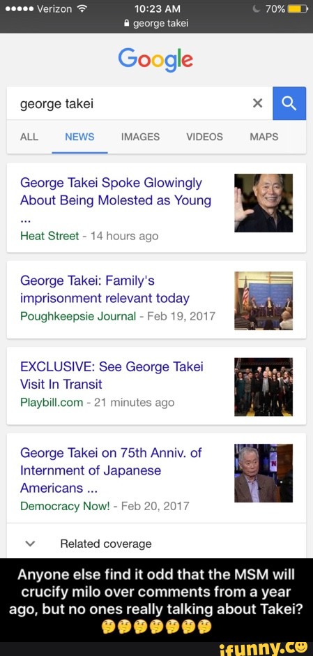 Anyone else find it odd that the MSM will crucify milo over comments from a year ago, but no ones really talking about Takei? 🤔🤔🤔🤔🤔🤔🤔