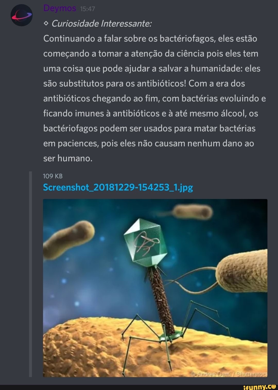 9 Curiosidade Interessante:
Continuando a falar sobre os bactériofagos, eles estão
começando a tomar a atenção da ciência pois eles tem
uma coisa que pode ajudar a salvar a humanidade: eles
são substitutos para os antibióticos! Com a era dos
antibióticos chegando ao fim, com bactérias evoluindo e
ficando imunes à antibióticos e à até mesmo álcool, os
bactériofagos podem ser usados para matar bactérias
em paciences, pois eles não causam nenhum dano ao
ser humano.
109 KB
