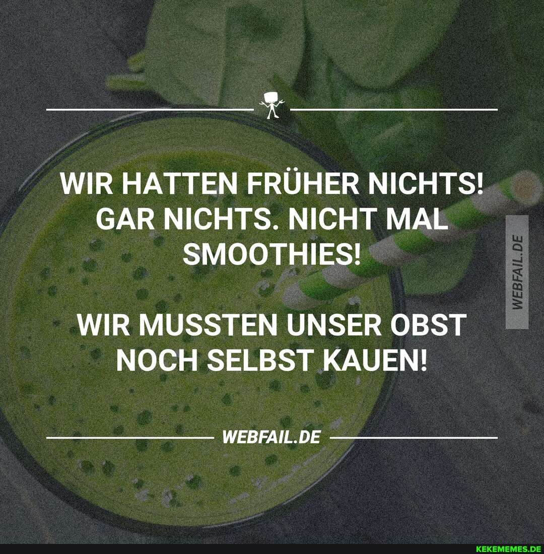 WIR HATTEN FRÜHER NICHTS!
GAR NICHTS. NICHT MAL SMOOTHIES!
WIR MUSSTEN UNSER OBST NOCH SELBST KAUEN!
WEBFAIL.DE