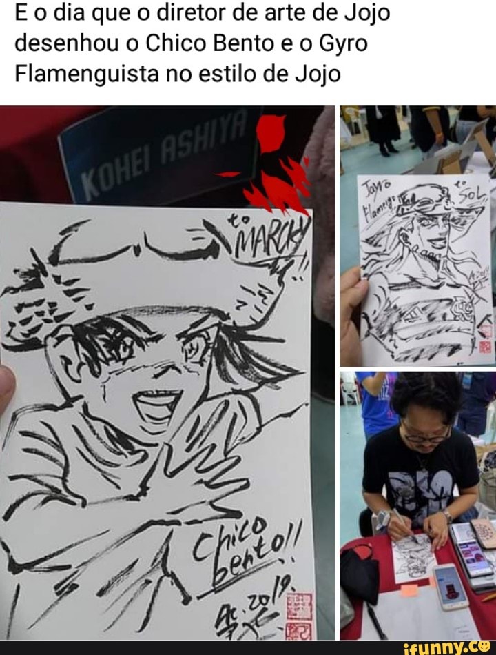 E dia que o diretor de arte de Jojo desenhou o Chico Bento e o Gyro
Flamenguista no estilo de Jojo