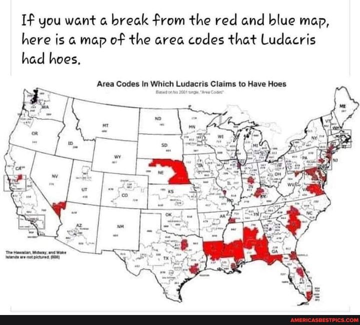 If You Want Break From The Red And Blue Map Here Is A Map Of The Area Codes That Ludacris Had Hoes Area Codes In Which Ludacris Claims To Have Hoes