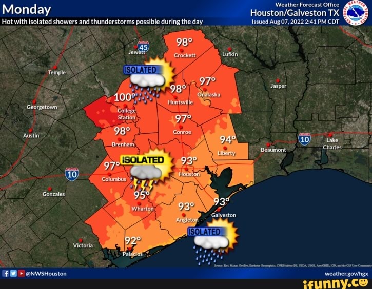'Weather Forecast Office Monday TX Hot with isolated showers and thunderstorms possible during