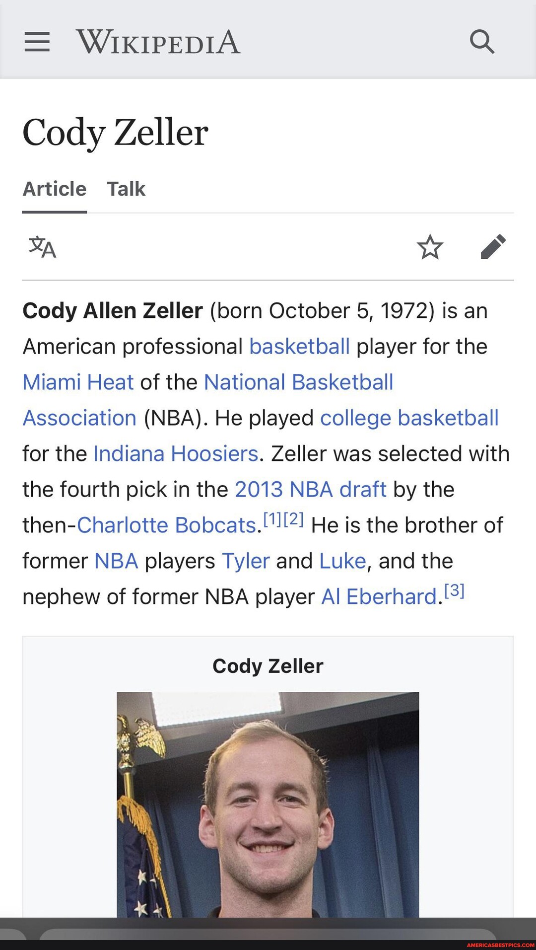 = WIKIPEDIA Q Cody Zeller Article Talk ww & Cody Allen Zeller (born