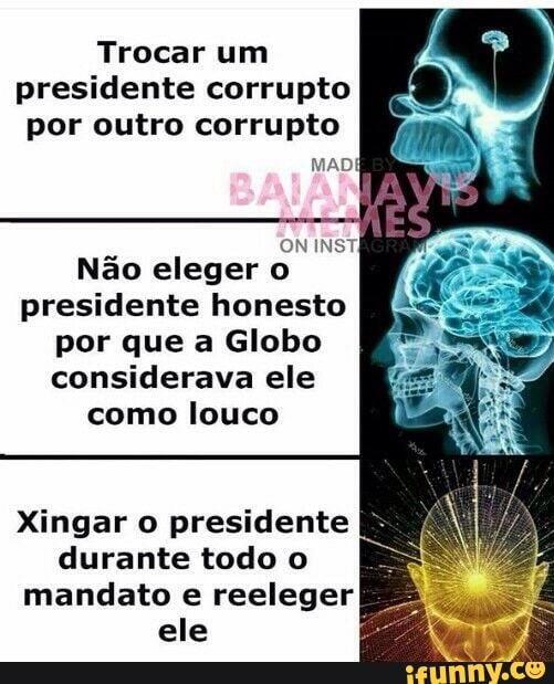 Trocar um
presidente corrupto
por outro corrupto
Não eleger o
presidente honesto
por que a Globo
considerava ele
como louco
Xingar o presidente
durante todo o
mandato e reeleger
ele