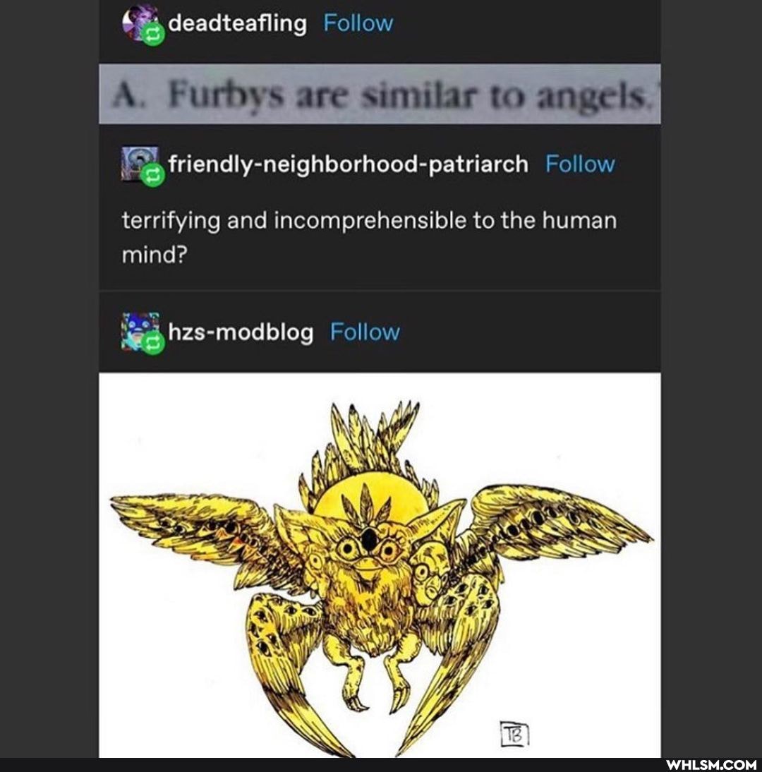 deadteafling Follow
A. Furbys are similar to angels.'
Follow
terrifying and incomprehensible to the human mind?
hzs-modblog Follow