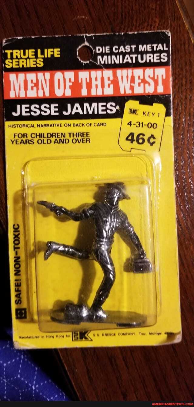 DIE CAST METAL ire MINIATURES
JESSE JAMES:
HISTORICAL NARRATIVE ON BACK OF CARD.
FOR CHILDREN THREE YEARS OLD AND OVER