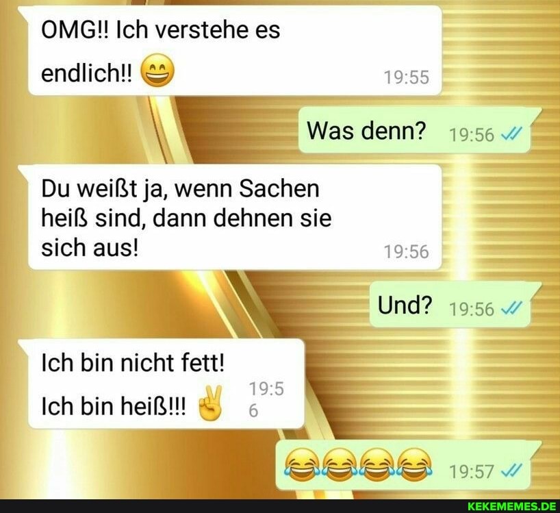 OMG!! Ich verstehe es
endlich!! &
Was denn?
Du weißt ja, wenn Sachen heiß sind, dann dehnen sie sich aus!
Und?
Ich bin nicht fett!
Ich bin heiß!!!