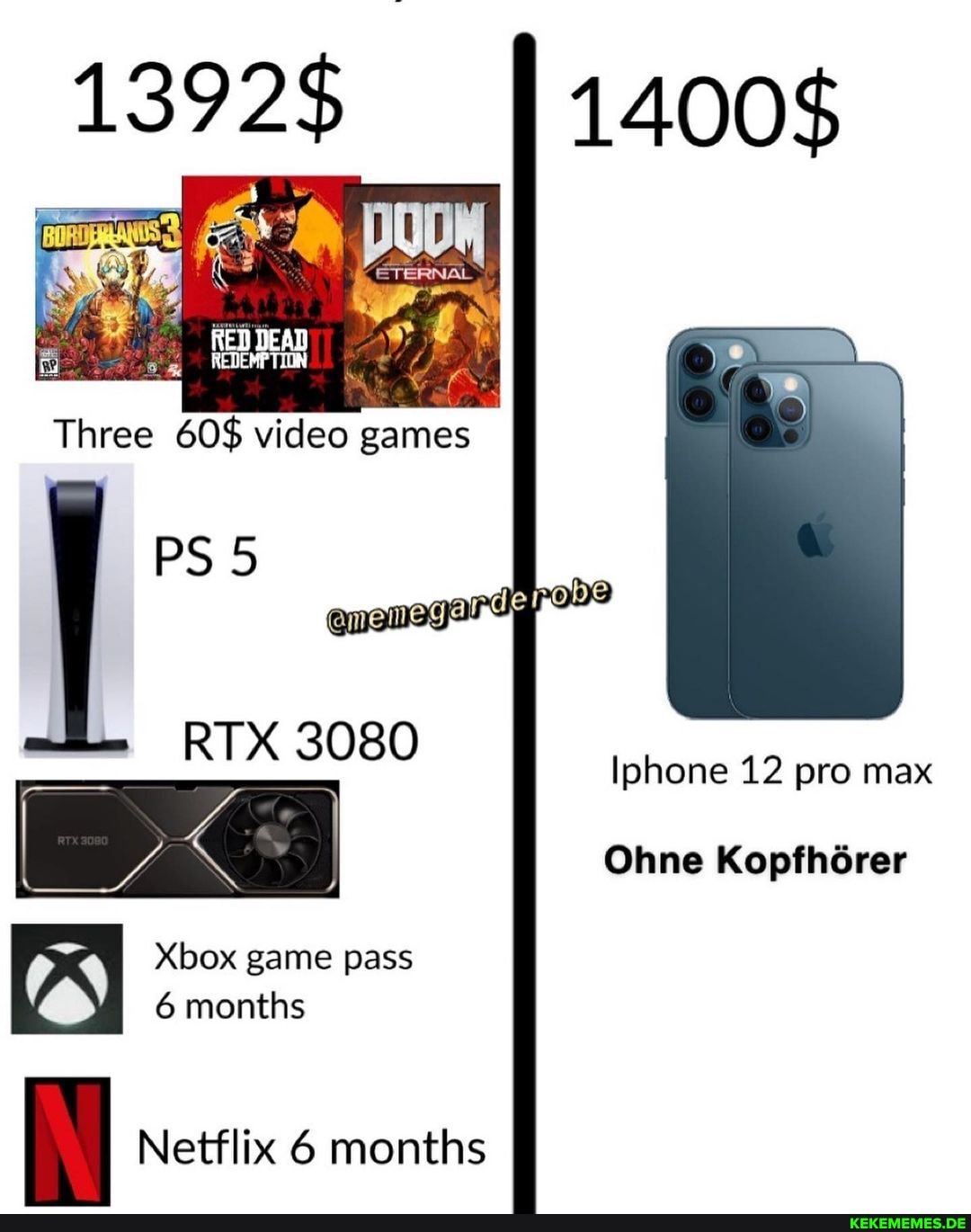 1392$
Three 60$ video games
PS
Iphone 12 pro max
3080
I Ohne KopfhGrer
Xbox game pass
6 months
Netflix 6 months
