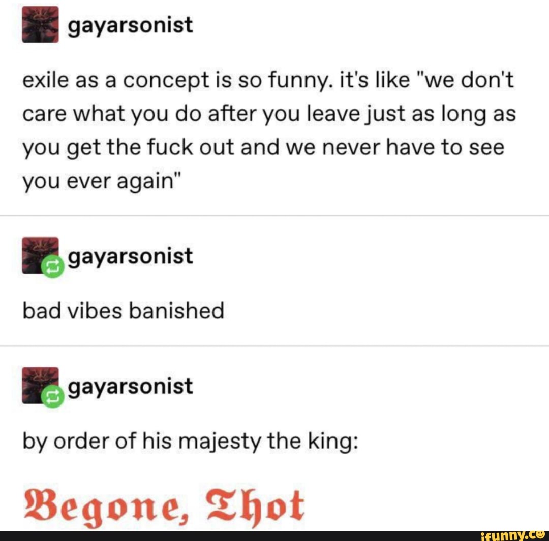 gayarsonist
exile as a concept is so funny. it's like "we don't care what you do after you leave just as long as you get the fuck out and we never have to see you ever again"
gayarsonist
bad vibes banished
gayarsonist
by order of his majesty the king:
Begone, Thot