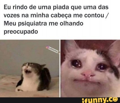 Eu rindo de uma piada que uma das
vozes na minha cabeça me contou Meu psiquiatra me olhando
preocupado