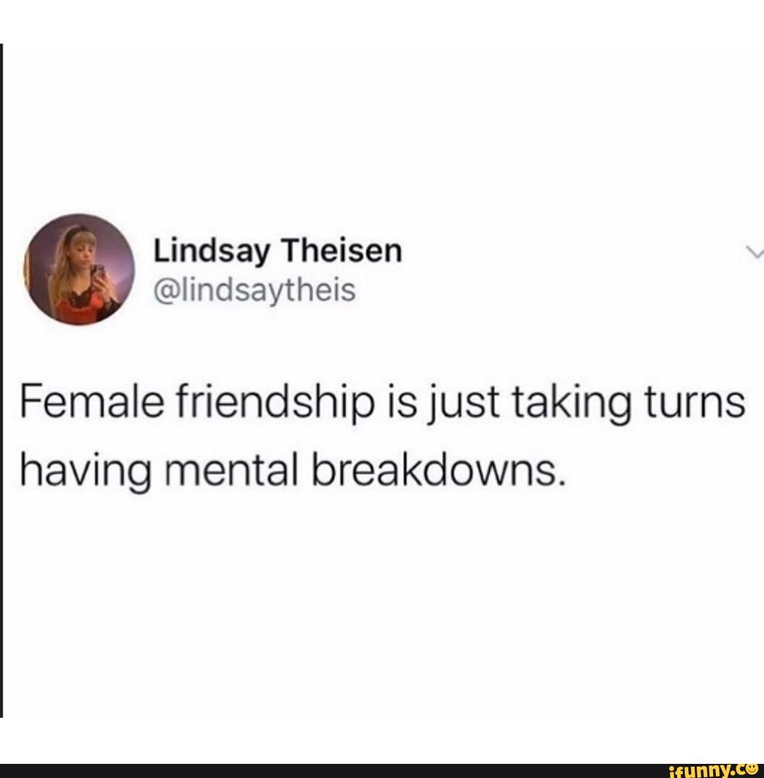 Female friendship is just taking turns having mental breakdowns. - iFunny