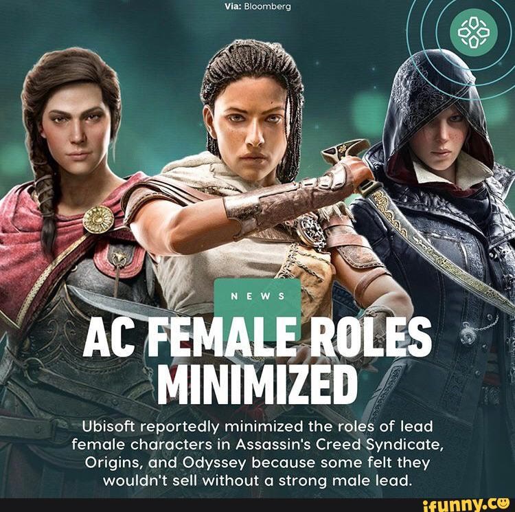 Via: Bloomberg
Ubisoft reportedly minimized the roles of lead female characters in Assassin's Creed Syndicate,
Origins, and Odyssey because some felt they wouldn't sell without a ctrona male lead