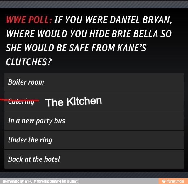 IF YOU WERE DANIEL BRYAN,
WHERE WOULD YOU HIDE BRIE BELLA SO
SHE WOULD BE SAFE FROM KANE'S
CLUTCHES?
Boiler room
Catering The Kitchen
In a new party bus
Under the ring