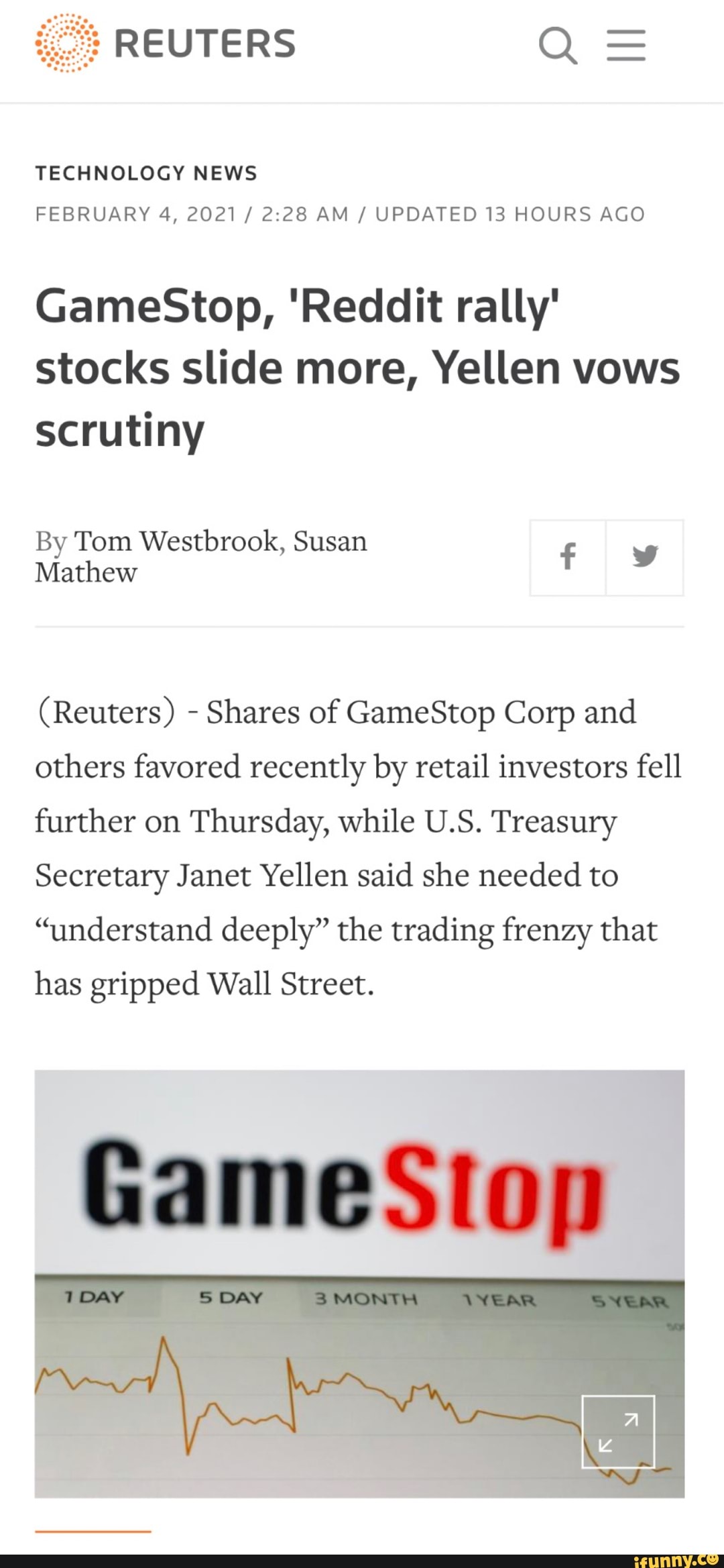 Reuters Q Technology News February 4 21 Am Updated 13 Hours Ago Gamestop Reddit Rally Stocks Slide More Yellen Vows Scrutiny By Tom Westbrook Susan Mathew Reuters Shares Of Gamestop