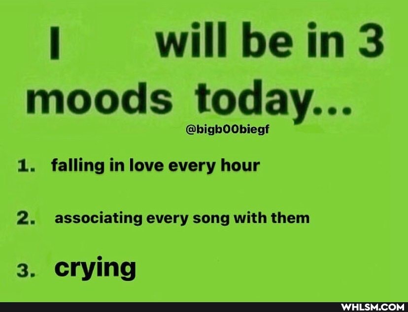 will be in 3 moods today...
@bighOObiegt
1. falling in love every hour
2. associating every song with them
3. crying