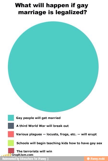 What will happen if gay
marriage is legalized?
E say people will get married
E various plagues locusts, frogs, etc. Schools will begin teaching kids how to have gay sex
E The terrorists will win
Tica