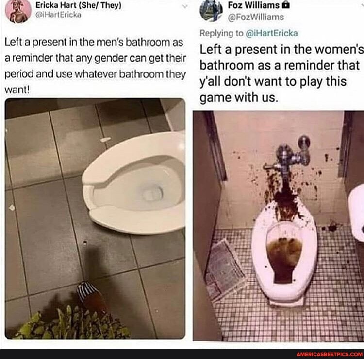 ricka Hart (She/ They)
Left a present in the men's bathroom as
areminder that any gender can get their period and use whatever bathroom they want!
Replying to @iHartEricka
Left a present in the women's bathroom as a reminder that y'all don't want to play this game with us.