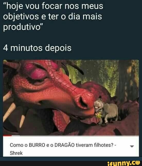 "hoje vou focar nos meus
objetivos e ter o dia mais
produtivo"
4 minutos depois
Como o BURRO e o
DRAGÃO tiveram filhotes?