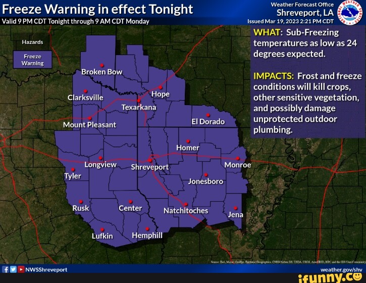 Freeze Warning in effect Tonight Valid 9 PM CDT Tonight through 9 AM CDT Monday Hazards Freeze